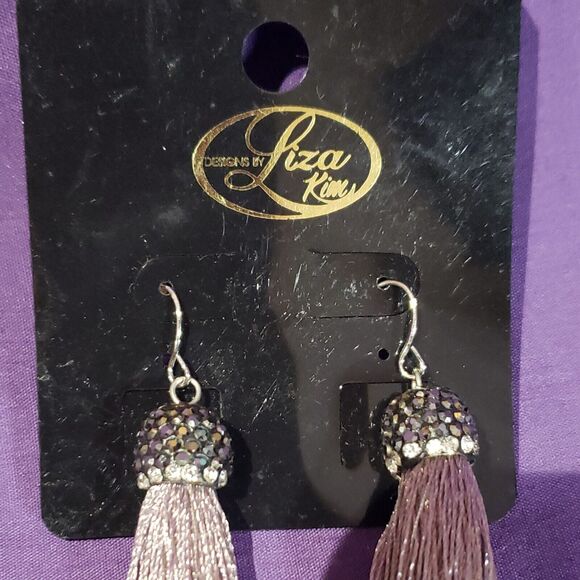Designs By Liza Kim Purple Tassel Dangle Earrings Metallic Rhinestone Cap - Picture 7 of 8